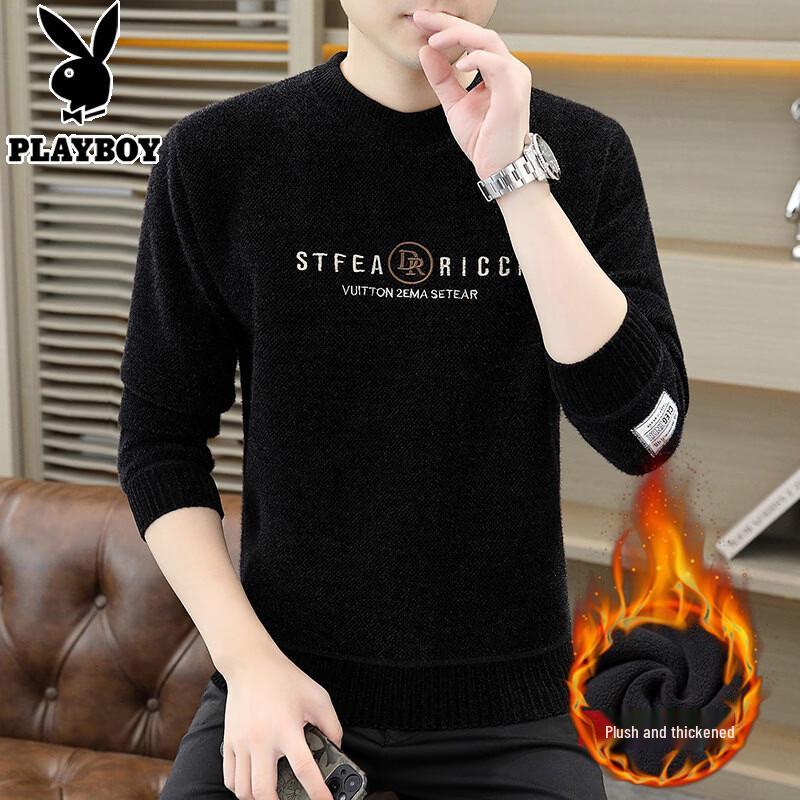 PLAYBOY Men s Fleece Lined Round Neck Knit Sweater L