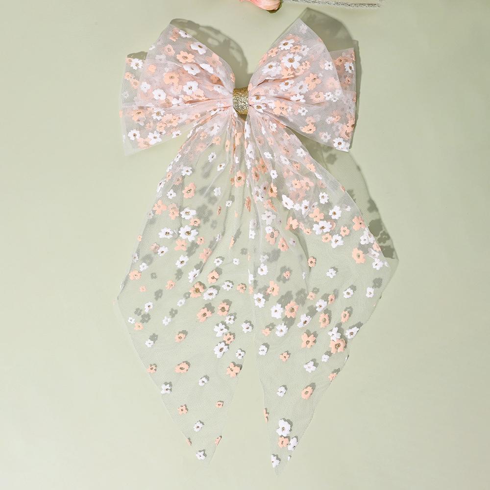 

Тюлевая заколка для волос с большим бантом, длинным хвостом, розовым цветочным принтом, элегантная, из прозрачной ткани, для женщин, девушек, деревенские аксессуары, головной убор