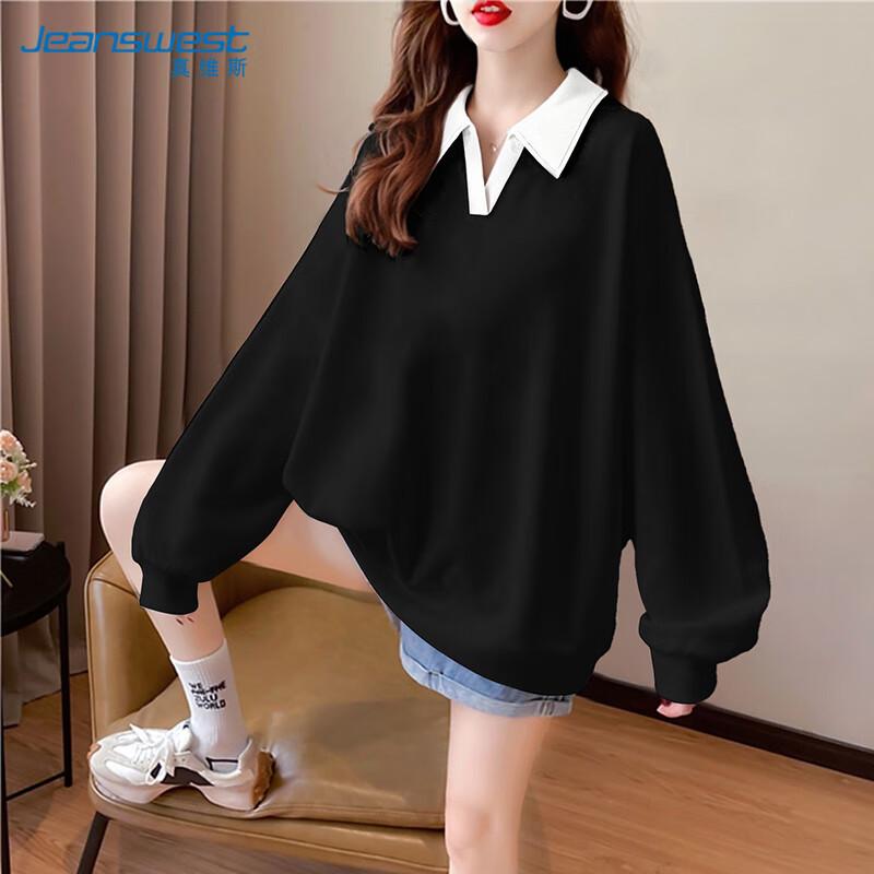 

JEANSWEST Women s Polo Collar Color-Block Sweatshirt 2XL