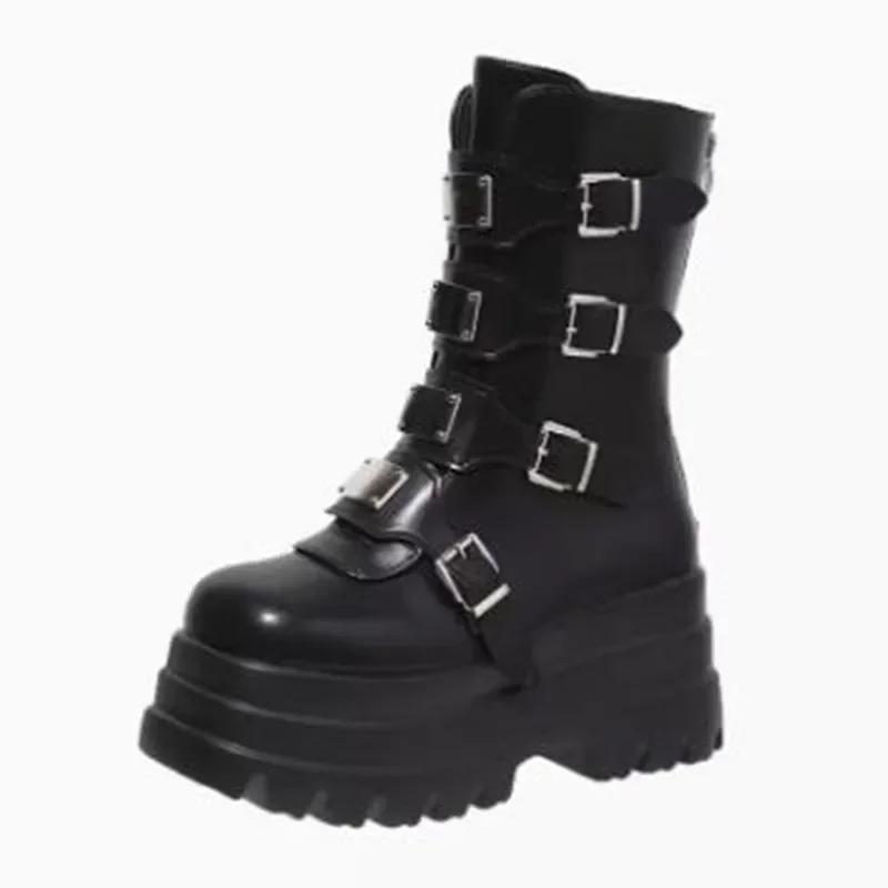 Womens Boots Metal Belt Buckle Design Women Mid-Calf Boots Luxury Casual Leather Boot Height Increasing Platform Boots For Women