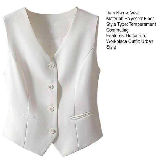 Women Sleeveless Waistcoat Button-up Solid Color Lightweight Breathable Vest Commuting Style Jacket