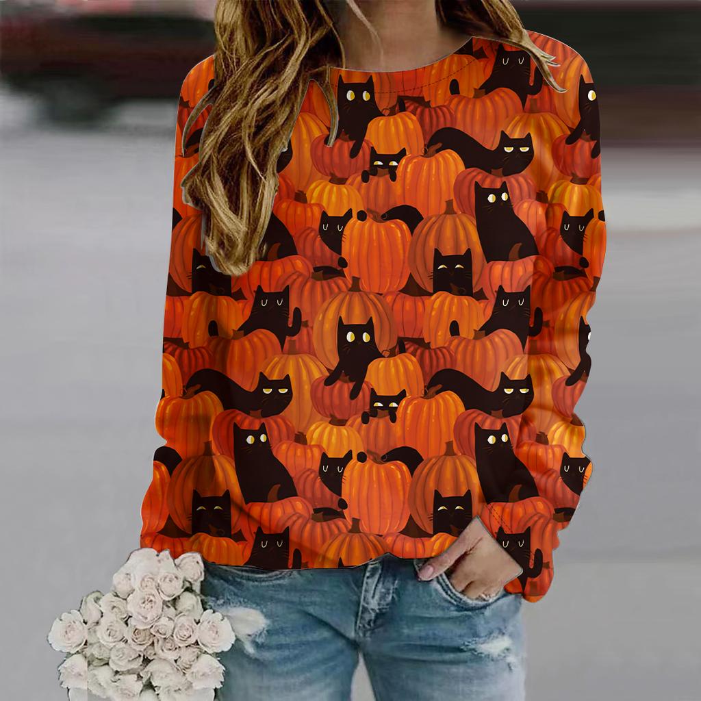 Herbst Herbst Damenmode O-Ausschnitt Langarm T-Shirt Lockere Kleidung Kürbis Party Print T-Shirt
