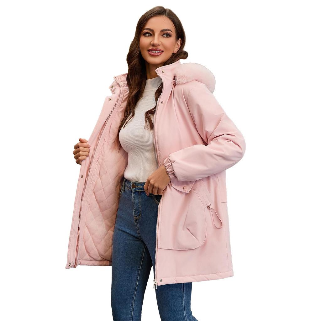 Women’s Parka Coats Faux Fur Hooded Fleece Lining Zipper Warm Cotton Jackets Mid-length Puff Outerwear Winter Clothes