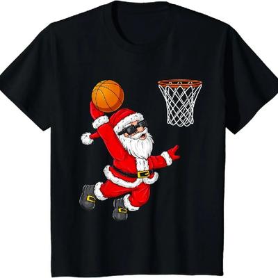 Lustiges Weihnachtsmann-Shirt für Basketballfans – Herrenbekleidung, Freizeit-T-Shirts, Weihnachtsmann beim Dunking, Jungen- und Kinder-Weihnachts-T-Shirt