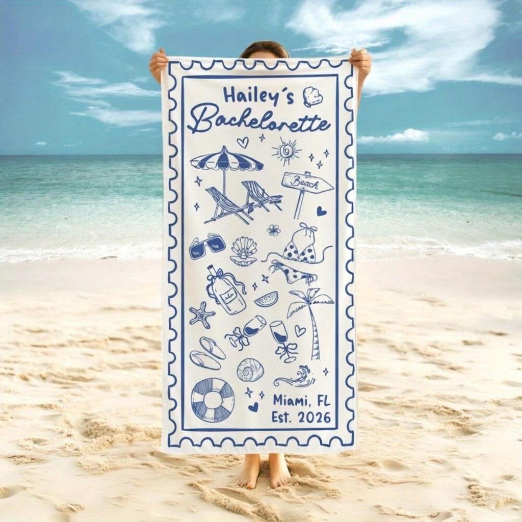 Bachelorette Party Beach Towel, Hand Drawn Doodle Flat Print, Summer Pool Party Decor, Custom Gift for Bride Bridesmaids