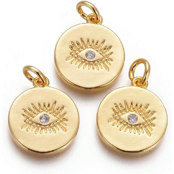 10Pcs Brass Micro Pave Cubic Zirconia Evil Eye Charms Golden Flat Round Lucky Eye Charms for Jewelry Making DIY Crafts Necklace