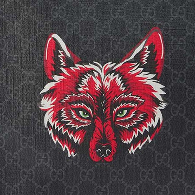 Gucci Wolf Head Print Logo Canvas And Leather Clutch Men Clutch Black Gray Red 547084-914AN-9789