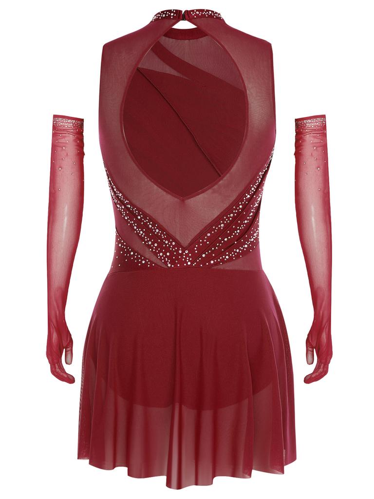 Girls Sleeveless Sparkly Rhinestones Backless Lyrical Dress Mesh Gloves Dancewear