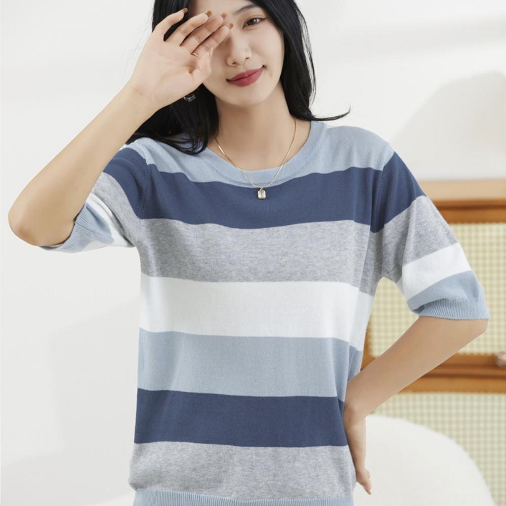 Summer New Knitted Short-Sleeved Women's Round Neck Color Matching Printed T-Shirt Loose Plus Size Half Sleeve Top
