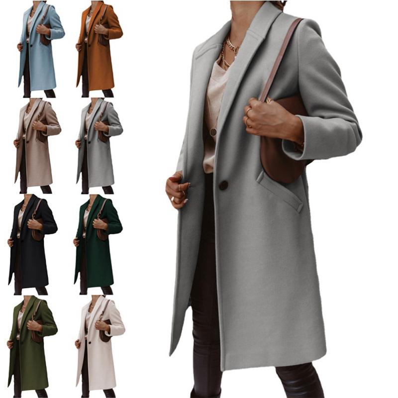 Woolen Coat mid-length Women Outerwear Autumn Winter Lapel Solid Color