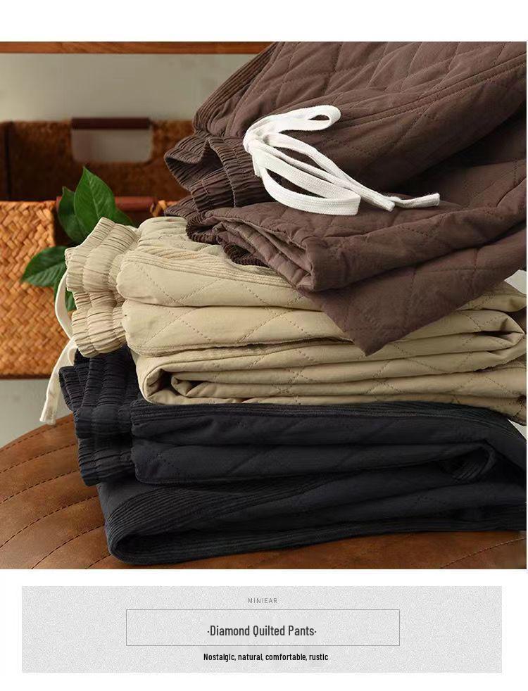 Retro Diamond-Patterned Women's Elastic Waist Harem Pants - Thick, Warm, Casual Cotton Trousers