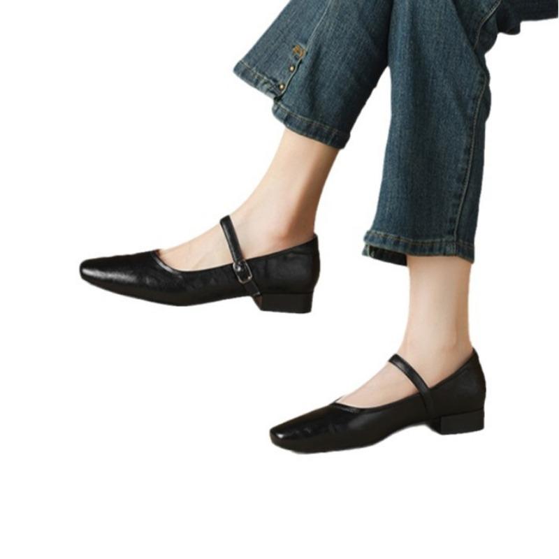 Small Square Head One-word Buckle Shallow Mouth Single Shoes Summer New Simple Retro Soft Sole Comfortable Mary Jane Shoes