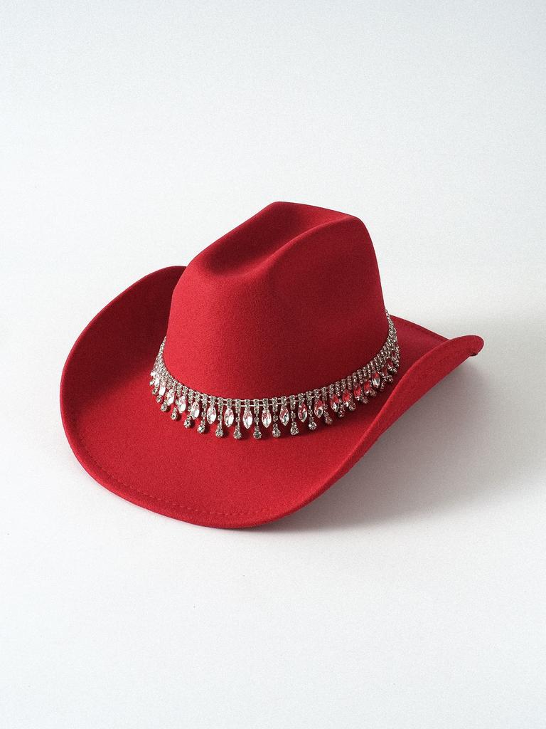 Hot-selling wide metal double-row rhinestones hand-sewn crystal pendant fringed chain top hat western cowboy hat felt hat