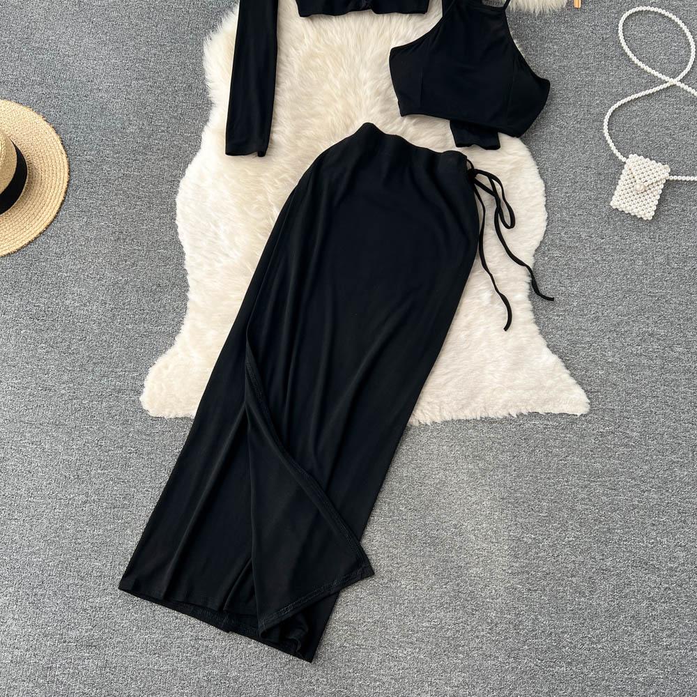 Three-Piece Suit Women's Autumn Halter Neck Small Suspenders Long-Sleeved Cardigan Shirt High Waist Slit Long Skirt