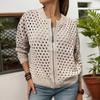 2026 Women's European-American Loose Knit Grid Jacket - Solid Color, Street Style, Versatile, Hollow Out, Zipper.