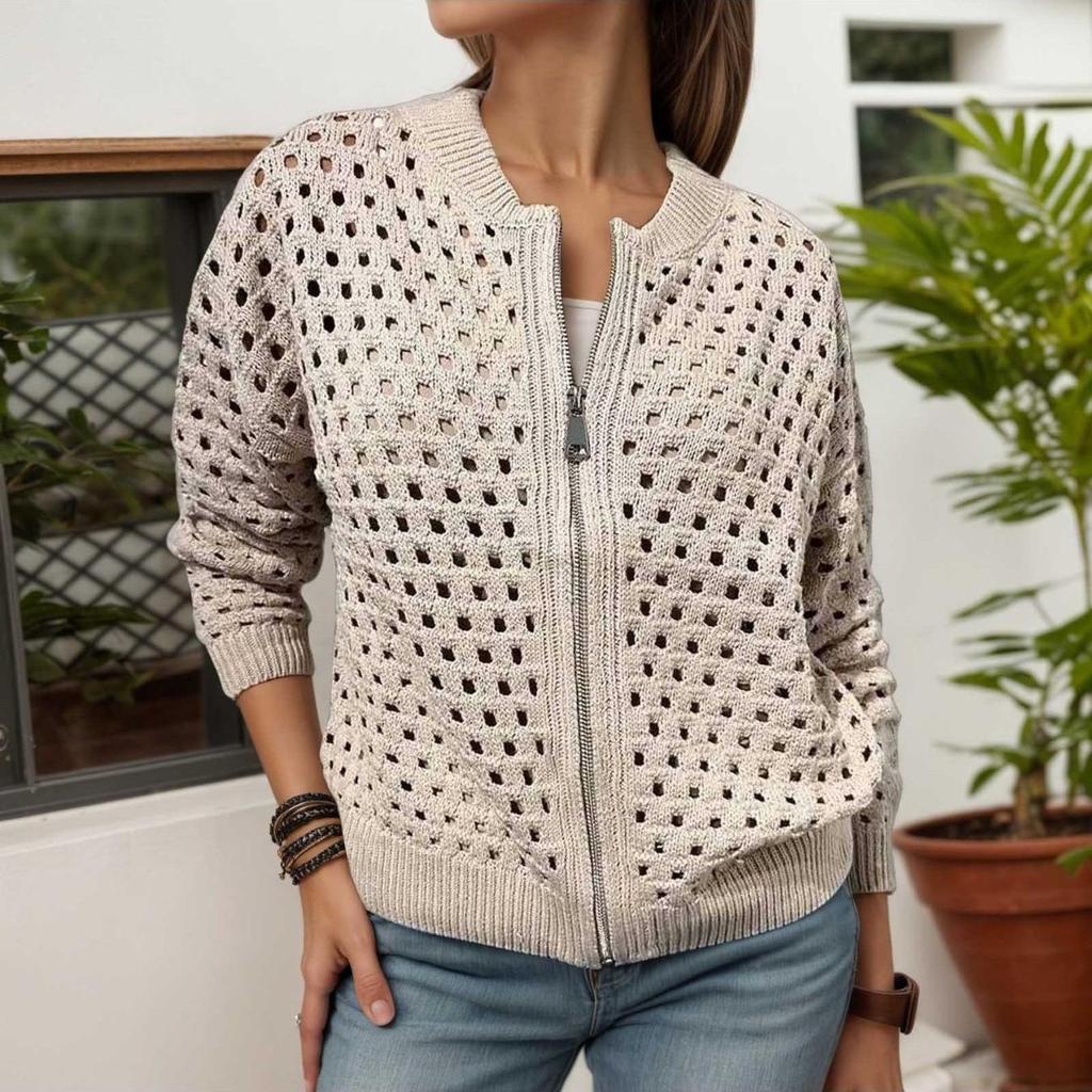 2026 Women's European-American Loose Knit Grid Jacket - Solid Color, Street Style, Versatile, Hollow Out, Zipper.