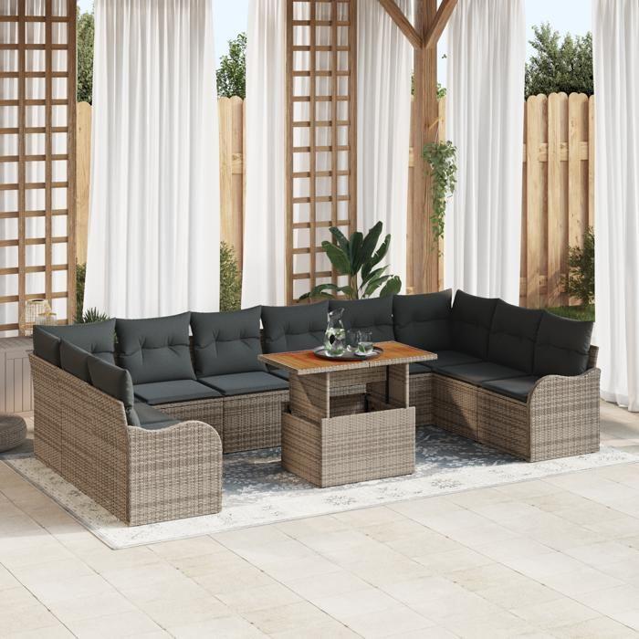 Ensemble de Canapé de Jardin 11 pièces avec Coussins Gris Rattan Poly Acacia 3349509