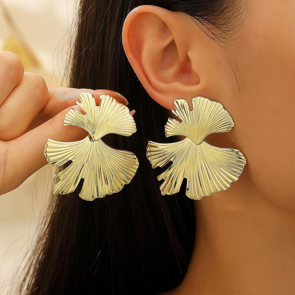 Ginkgo Leaf Textured Earrings with Ear Hooks - Bold and Fashionable for Women