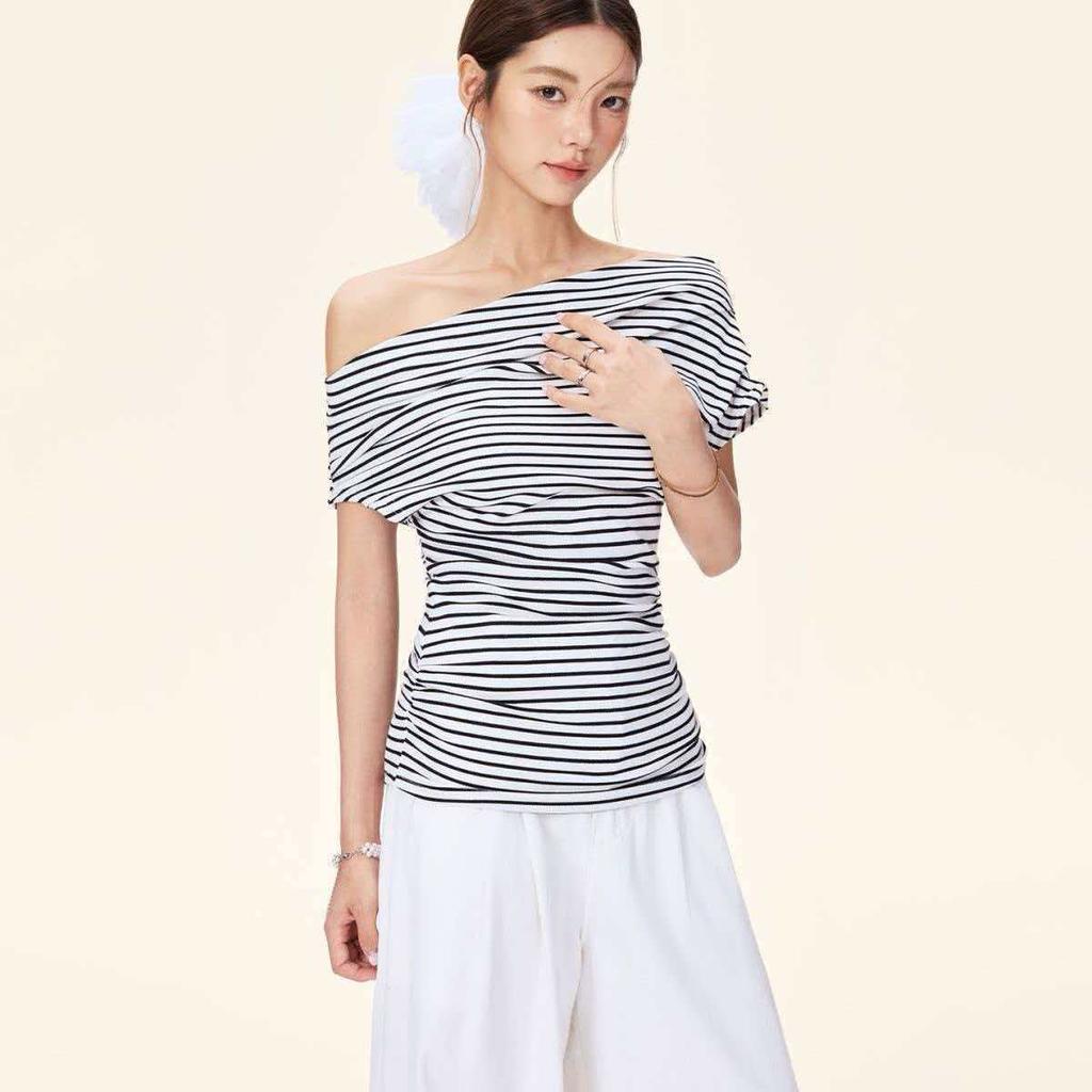 Unique design striped diagonal collar short sleeve women's summer new careful machine off-the-shoulder T-shirt South East Asia top