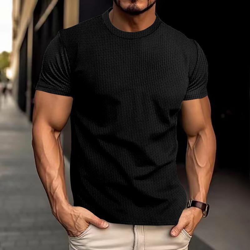 Mens Solid White Waffle Knit T Shirt Casual Crew Neck Short Sleeve Slim Fit Top
