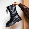 Fashion Zipper Belt Buckle Round Toe Ladies Mid Calf Shoes Waterproof Large Size Warm Winter 2025 Novelty Goth Women's Half High Boots