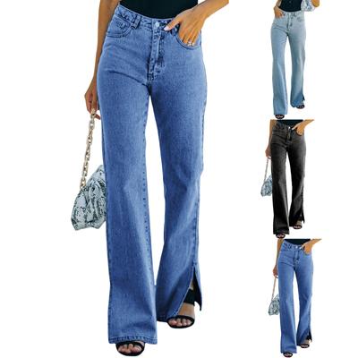 Women's Casual Wash Split Mid-waist Style Denim Casual Trousers Long Pants