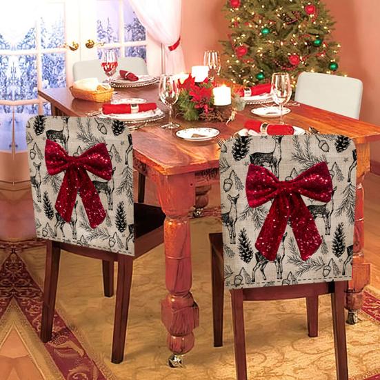 Christmas Chair Cover with Bowknot Decorative Winter Chair Back Cover Deer Print Festive Holiday Home Decor