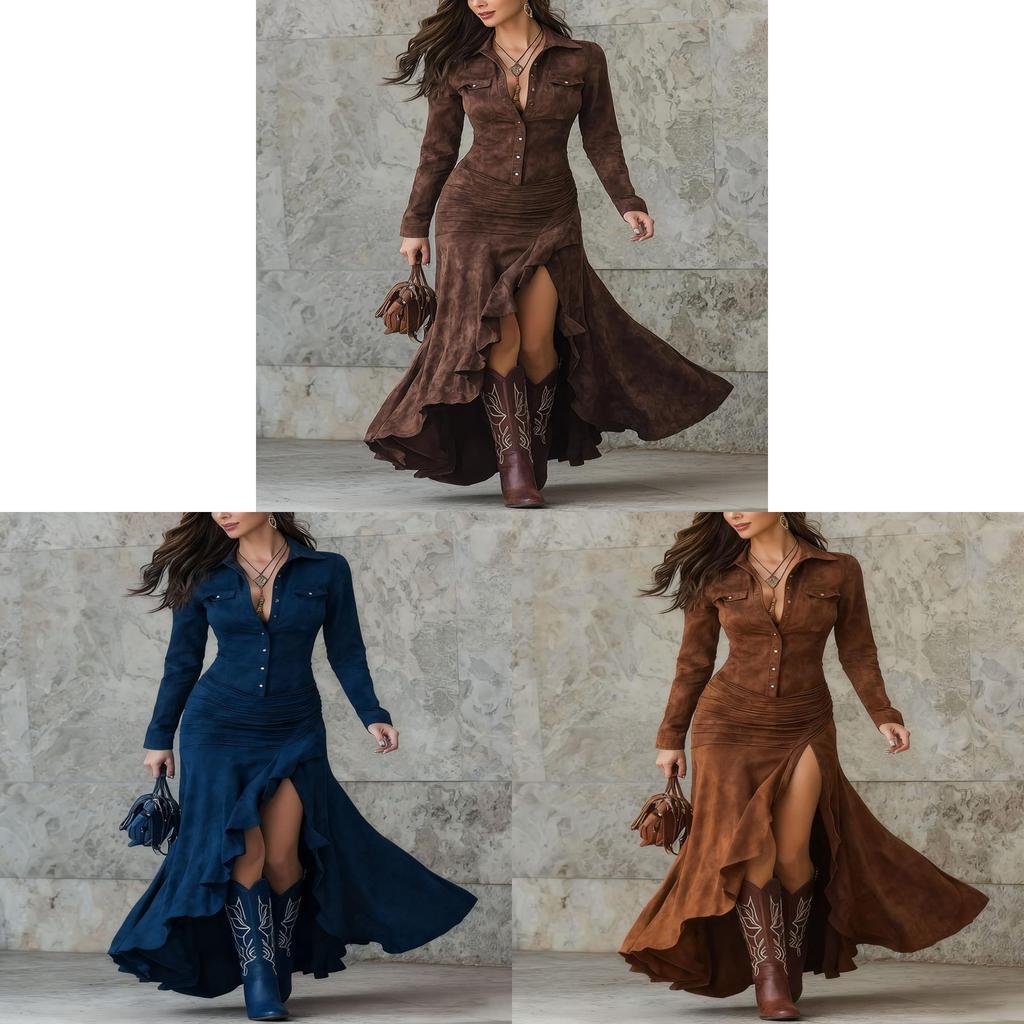 English Dress Long Sleeve Round Neck Zip Back Asymmetrical Hem For Casual Autumn