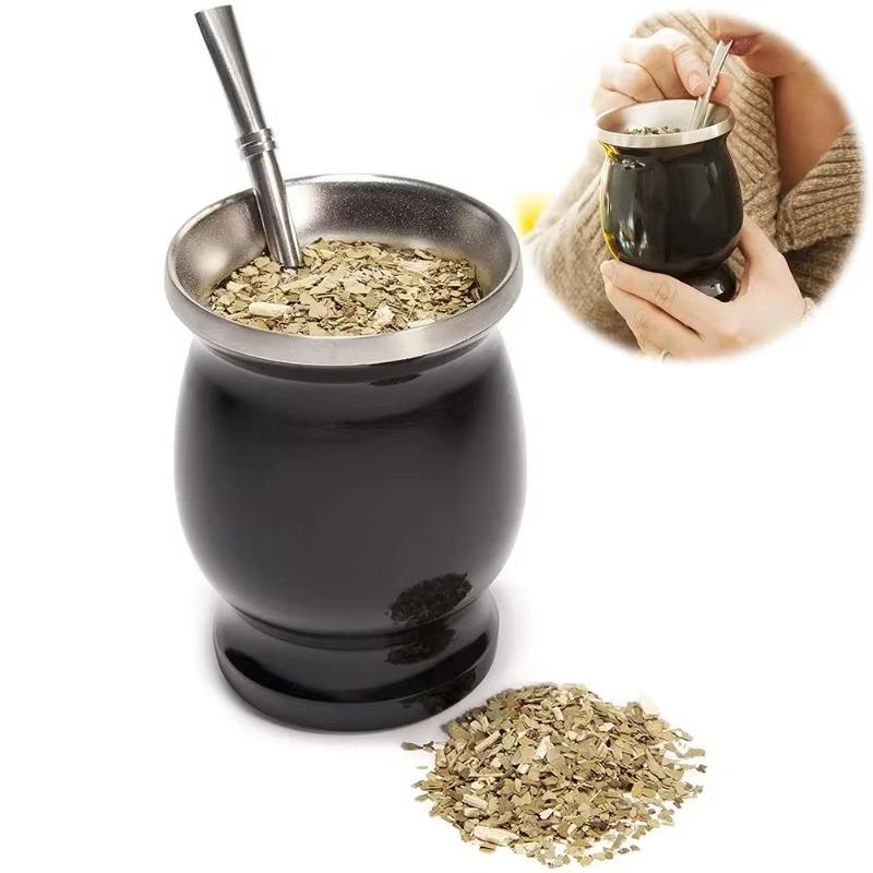 230ML Mate Cup 304 Stainless Steel Double Wall 8oz Portable Tea Mug Mate Tea Gourd with 2 In 1 Straw Spoon Give Cleaning Brush