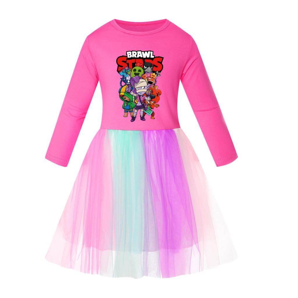 4094 Girls Brawl Stars Print Mesh Rainbow Princess Dress