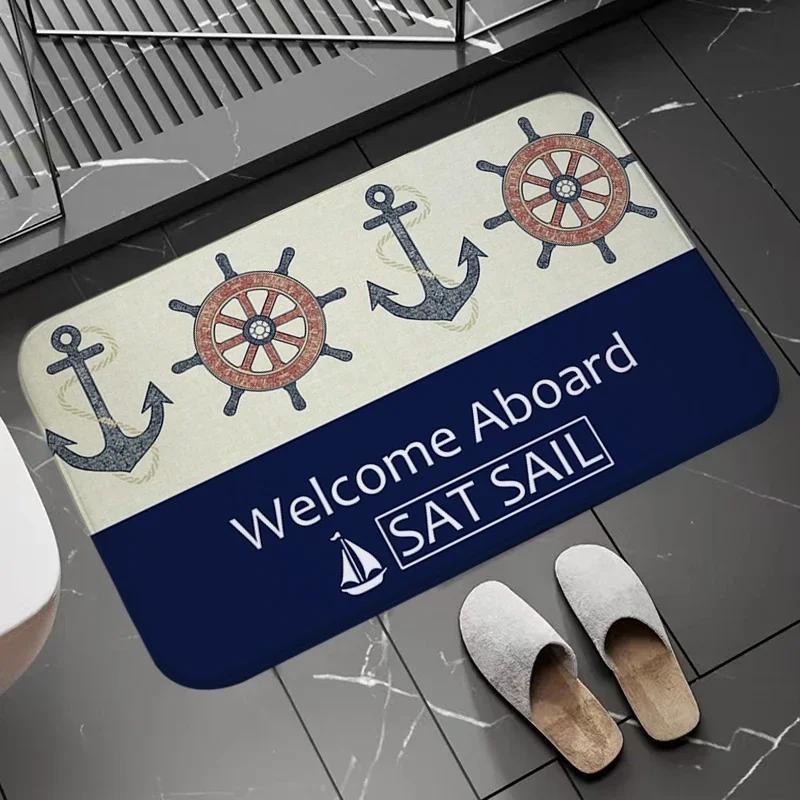 Chic Nautical Anchor Boat Navy Blue Stripes Doormat Bathroom AntiSlip Floor Mat Long Corridor Carpet Custom Rug For Kitchen Bath