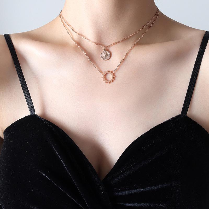 18K Gold Sun Embossed Portrait Pendant Necklace, Titanium Steel Clavicle Chain