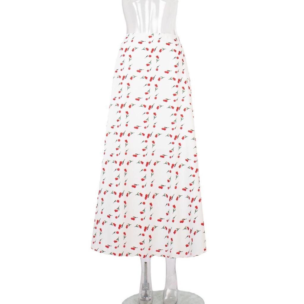 Spring Women's Elegant High Waist A-line Mermaid Hem Floral Cherry Print Skirt Vintage Crossborder European American Style Skirt