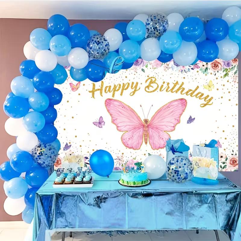 2D Floral Birthday Backdrop, Purple Pink Rose & Butterfly Party Decor Banner