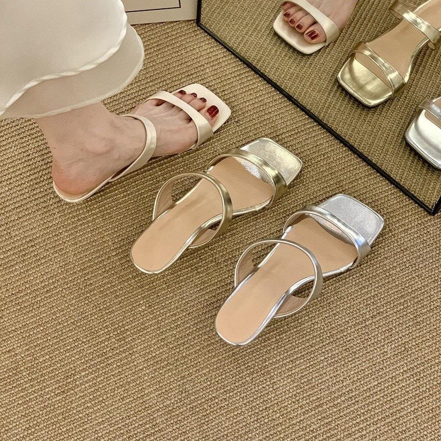 Wedge Heel Silver Simple One-word Slippers Women's Shoes Outer Wear 2025 Summer Low Heel Temperament with Skirt Sandals