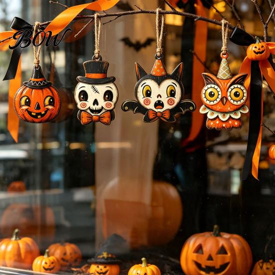Mummy And Owl Hanging Ornaments Halloween Wooden Decor, Ghost Black Cat Pumpkin Ornament, Rustic Vintage Decorative Pendants Wall Decor Gift Tags for