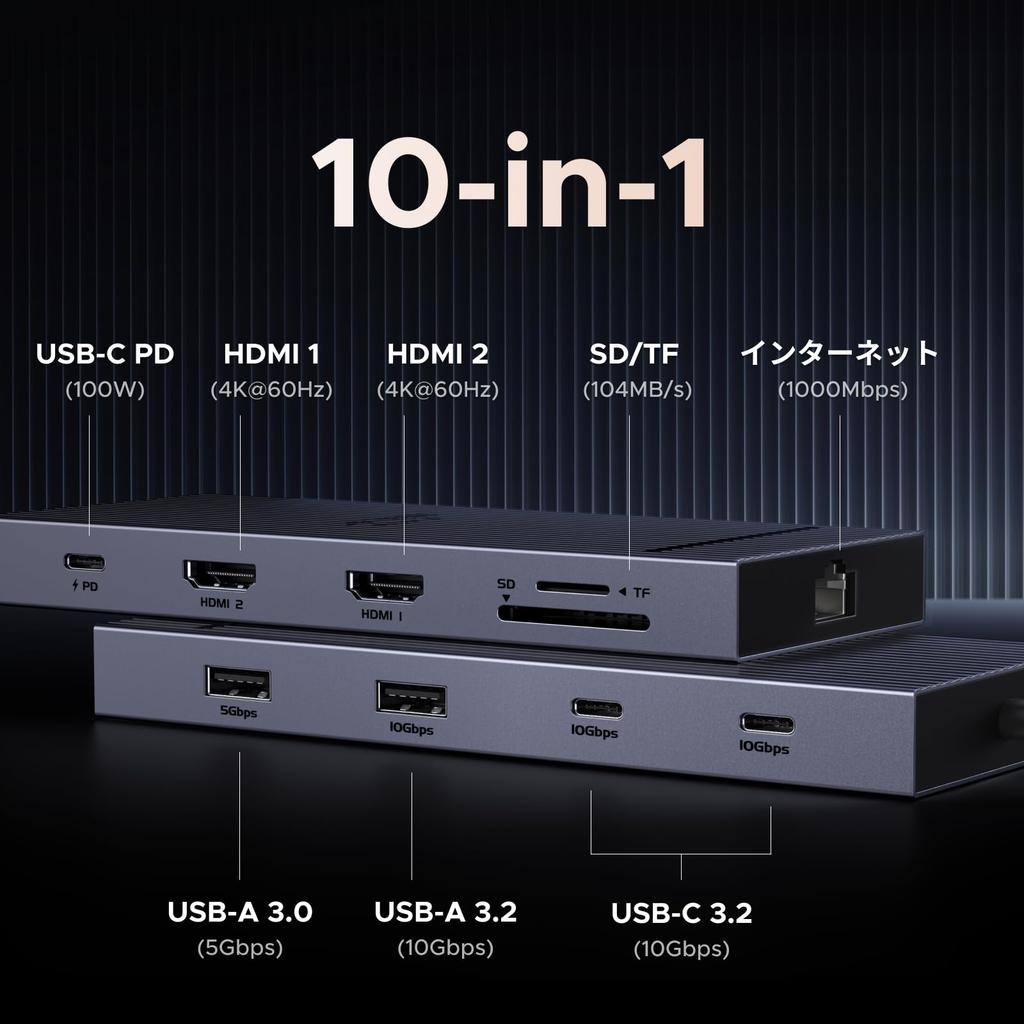 UGREEN Revodok USB C Docking Station with USB C Two HDMI USB 10Gbps Data Transfer Two 100W PD Fast 1Gbps Ethernet Micro and TF Card Compatible with