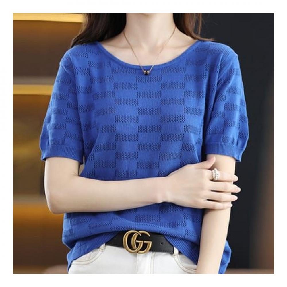Navava Women Simple Daily Punching Check Short Sleeve Knit Nk2075