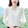 Einfarbiges Chiffonhemd für Damen, neues Sommeroberteil mit V-Ausschnitt, Siebenviertelärmel, vielseitige Pullover, Chiffonbluse