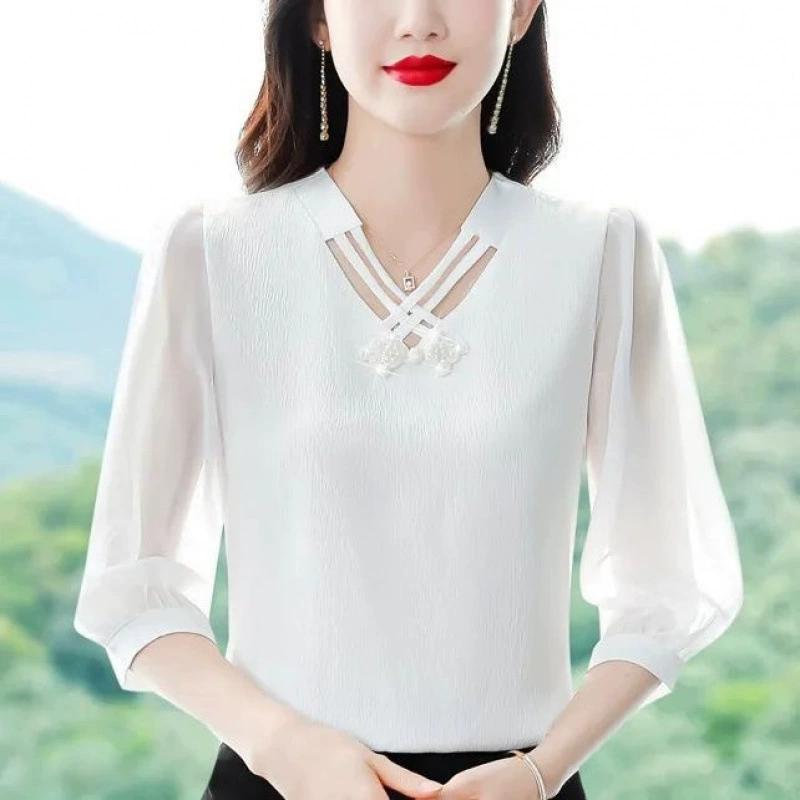 Einfarbiges Chiffonhemd für Damen, neues Sommeroberteil mit V-Ausschnitt, Siebenviertelärmel, vielseitige Pullover, Chiffonbluse