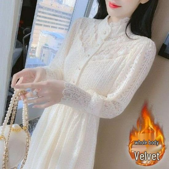 Women's Winter Lace Dress: Velvet, Thick, Elegant for Autumn/Winter 2025