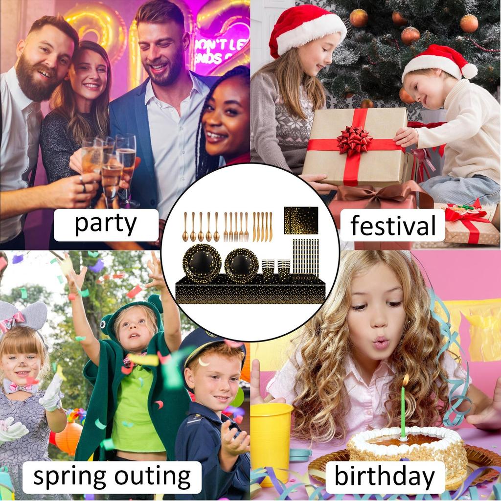 Black And Gold Themed Birthday Party Disposable Paper Plate Tableware Tablecloth Set Knife, Fork And Spoon