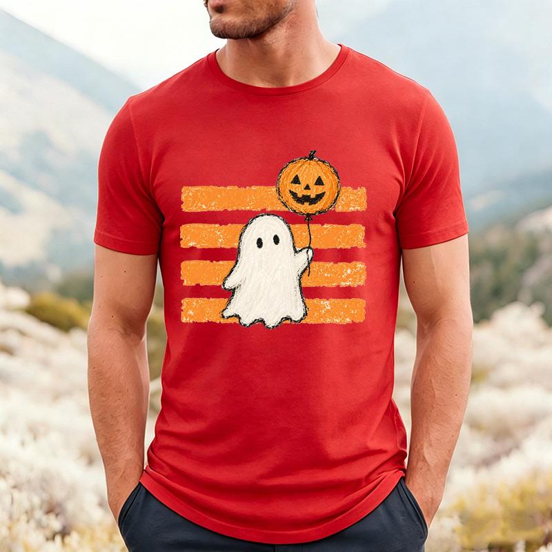 Unisexs Crew Neck T Shirt Cute Ghost Holding Pumpkin Balloon Graphic Tee Halloween Casual Short Sleeve Tops For Holiday Party Wear