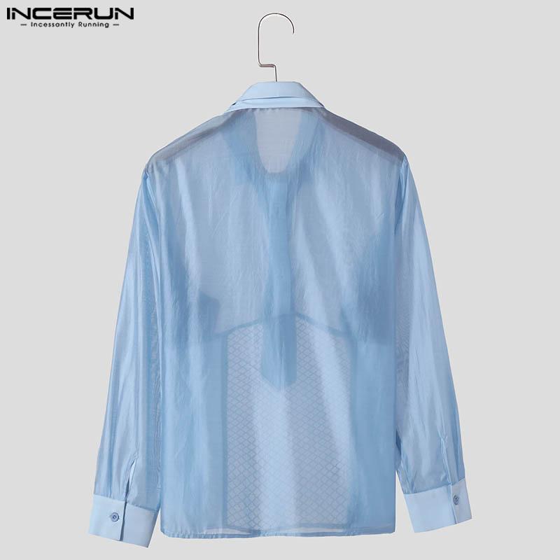 INCERUN Men Tie Lapel Neck Patchwork Hollow Buttons See Through Shirt Casual Long Sleeve Shirts