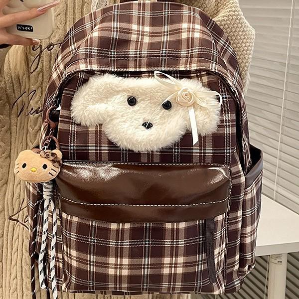 Retro-karierter Welpen-Rucksack im College-Stil für Herbst/Winter – stylische All-Match-Schultasche für Mädchen
