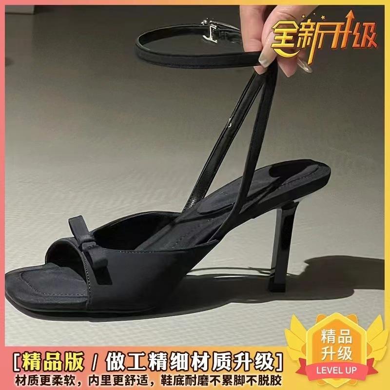 2025 New One-word Strap Open-toed High Heels Women's Shoes Banquet Solid Color Sandals Summer French Temperament Bow