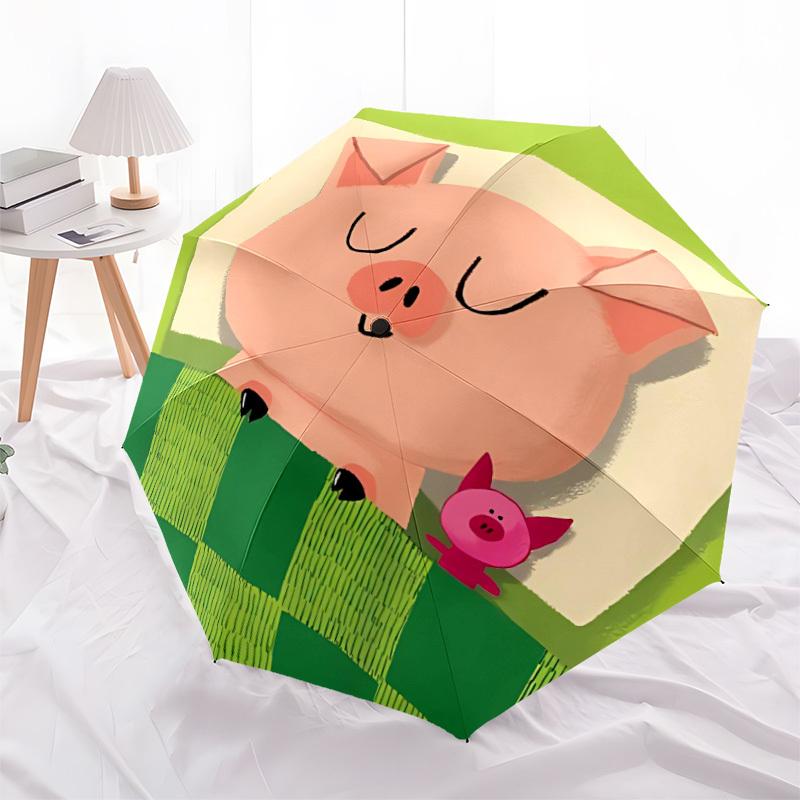 1pc Piglet Automatic Folding Umbrella, 8-Rib Durable Iron Frame, Compact Travel Umbrella for Women & Men 091