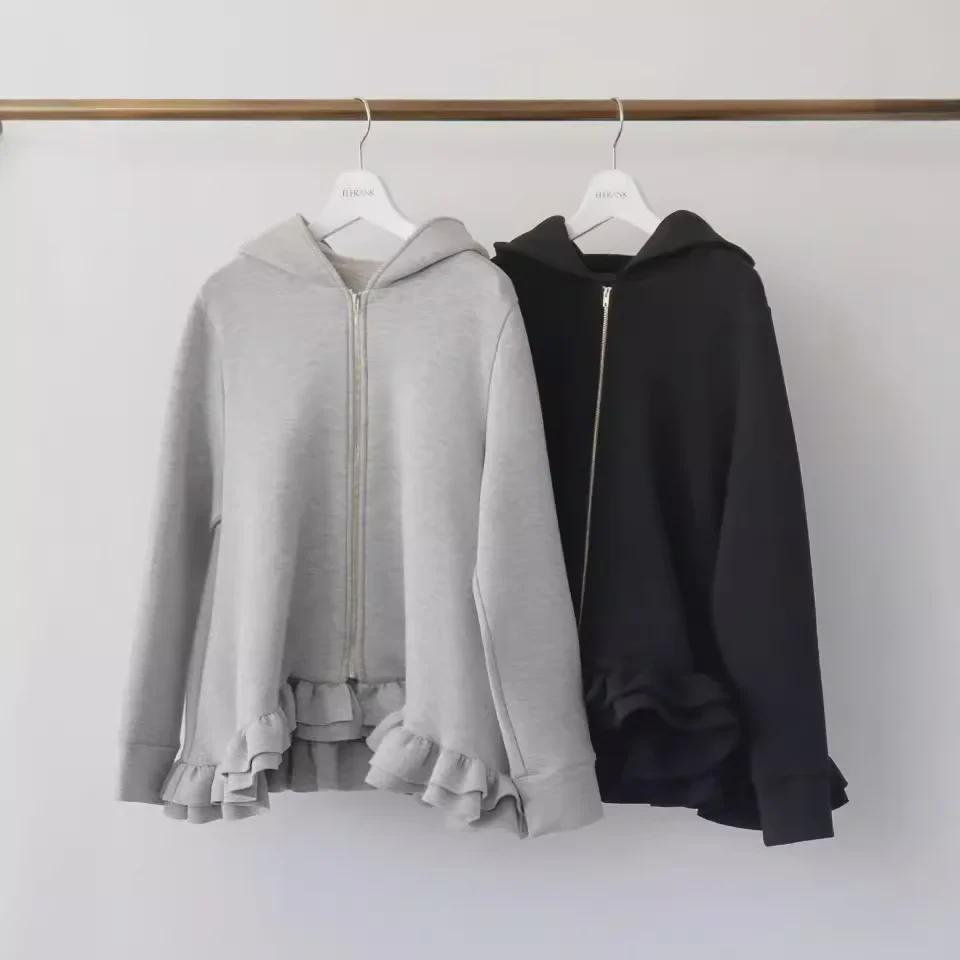 In-Stock 2024 Japanese Autumn/Winter Lotus Leaf Hem Zipper Sweatshirt