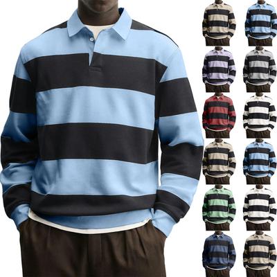 Men's Casual Fashionable Loose And Comfortable Striped Printed T-shirt With Lapel And Long Sleeved Top