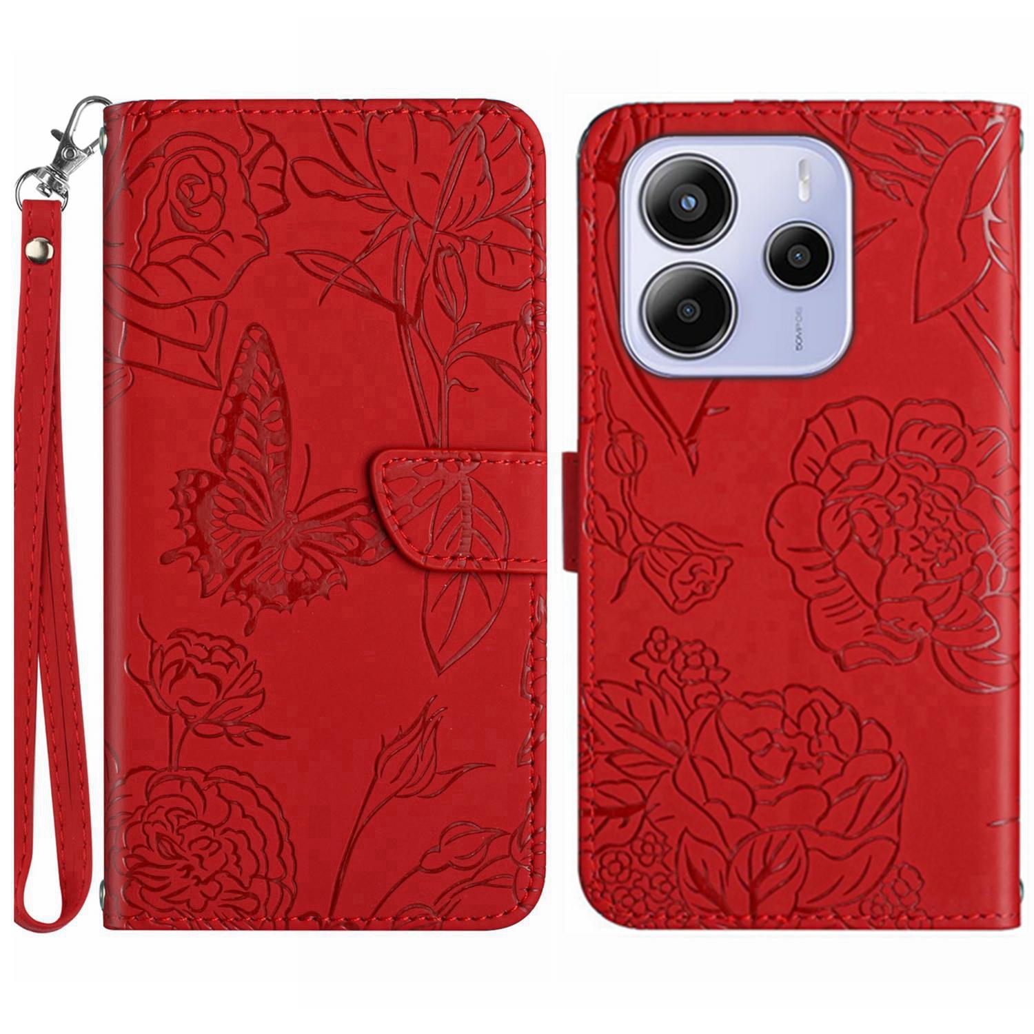 

Для Xiaomi Redmi Note 14 4G (163,25x76,55x8,16 мм) Чехол Кожаный Чехол для Телефона с Ремешком, Оттиск Бабочки и Цветка Red